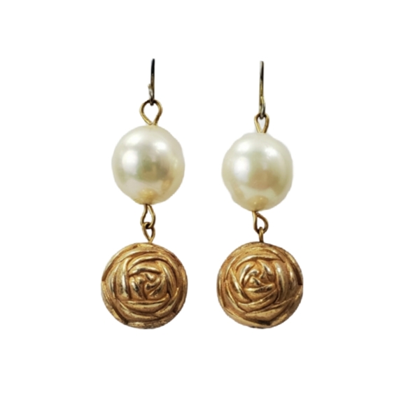 Vintage Drop Off White Round Faux Pearl Earrings Rose Beads - Picture 1 of 5
